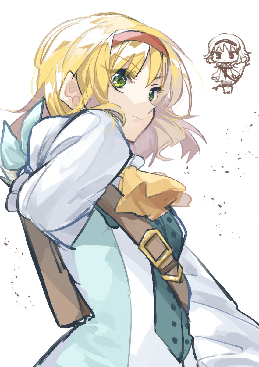 1girl, arm_behind_head, arrow_(projectile), ascot, belt, belt_buckle, blonde_hair, blue_ribbon