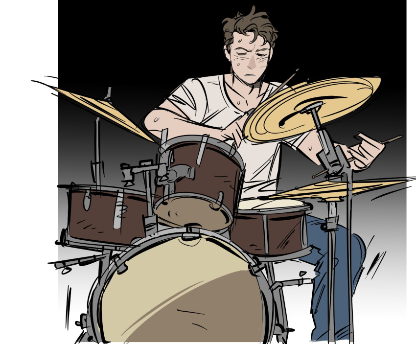 1boy, andrew_neiman, blue_pants, brown_hair, closed_eyes, cymbals, drum, drum_set, drumsticks, ggooww7, highres, instrument, male_focus, pants, parted_lips, shirt, short_sleeves, sitting, snare_drum, solo, sweat, whiplash_(2014_movie), white_shirt