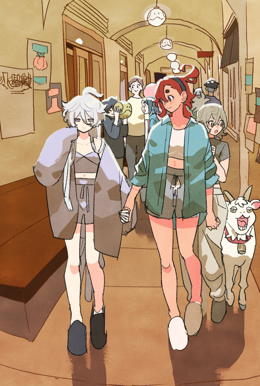 4boys, 5girls, blue_eyes, blue_hair, brown_eyes, brown_hair, casual, chuatury_panlunch