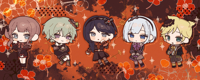 1boy, 25-ji_len, 25-ji_nightcord_de._(project_sekai), 4girls, aqua_eyes, blonde_hair, blue_eyes, blue_hair