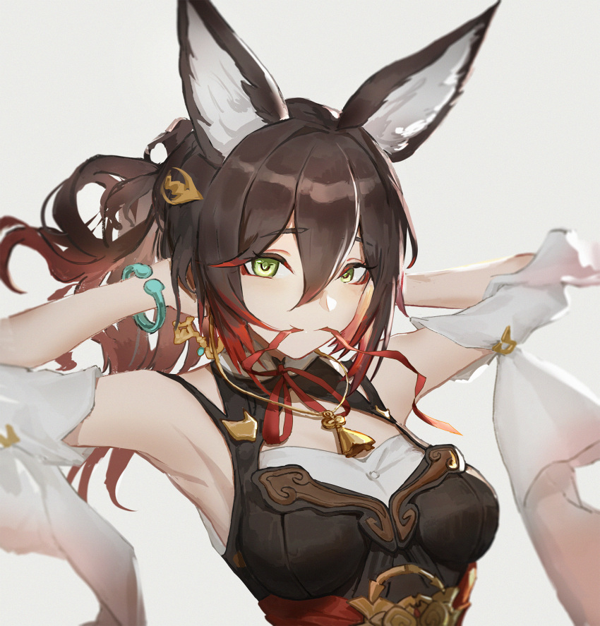 1girl, animal_ears, armpits, bare_shoulders, bow, bracelet, brown_hair, green_eyes