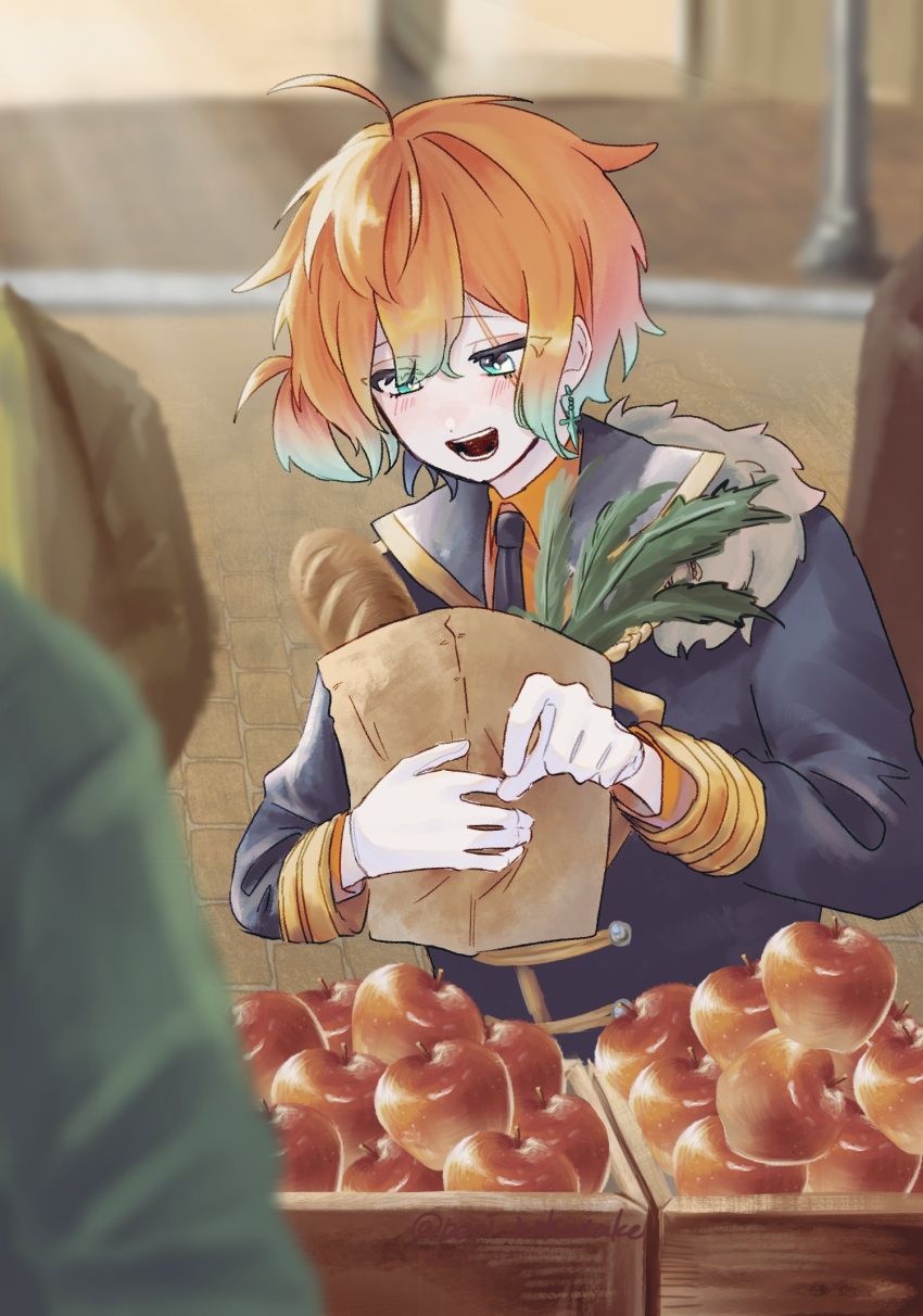 1boy, 2others, ahoge, akuma_shitsuji_to_kuroi_neko, apple, aqua_eyes, aqua_hair, bag