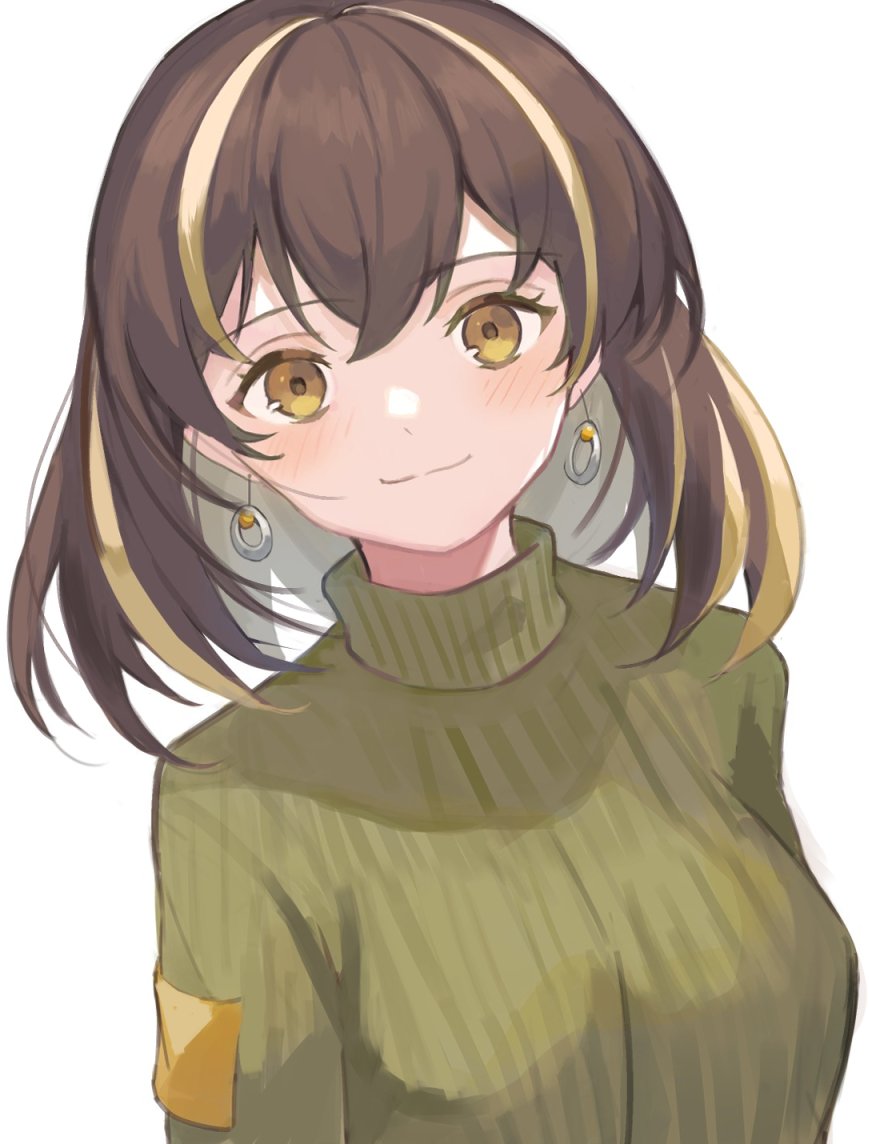 1girl, arknights, blonde_hair, blush, breasts, brown_hair, closed_mouth, earrings, green_sweater, jewelry, looking_at_viewer, magallan_(arknights), medium_breasts, multicolored_hair, short_hair, simple_background, smile, solo, sweater, touchika, two-tone_hair, upper_body, white_background, yellow_eyes