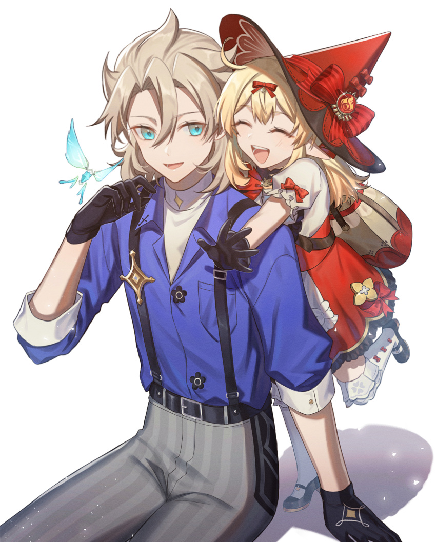 1boy, 1girl, albedo_(genshin_impact), albedo_(m&amp;g)_(genshin_impact), backpack, bag, belt, black_belt