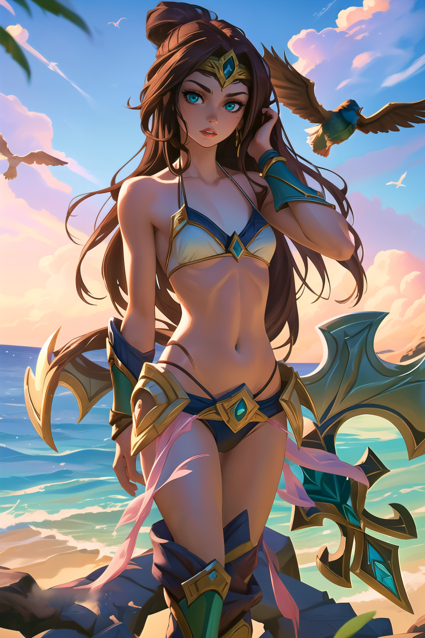 1girl, absurdres, ai-generated, armor, bikini_armor, breasts, circlet, green_eyes