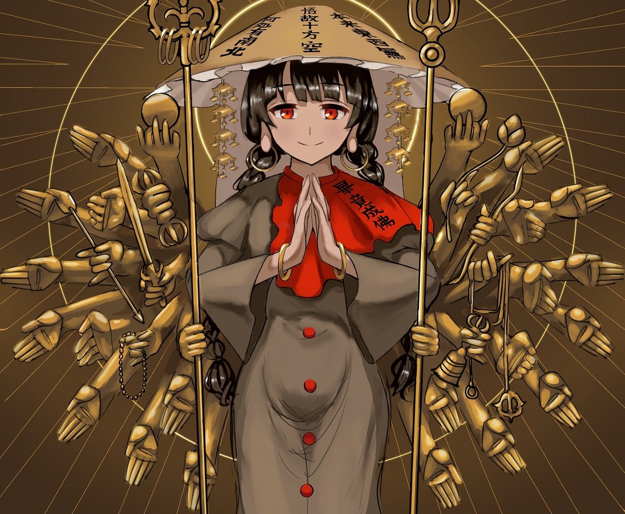 1girl, ajirogasa, aoiueo12, black_hair, bodhisattva, braid, brown_background, brown_headwear