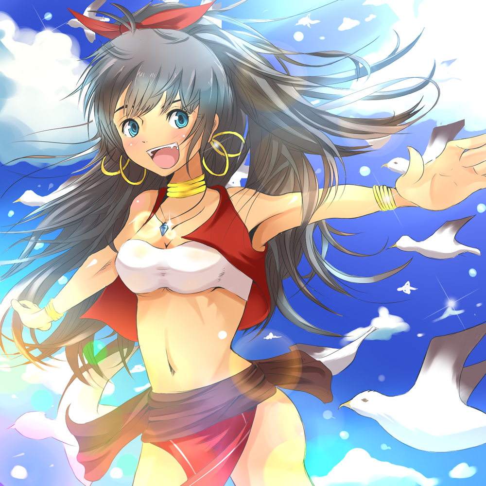 bandeau, bird, black_hair, cosplay, earrings, fang, fushigi_no_umi_no_nadia, ganaha_hibiki
