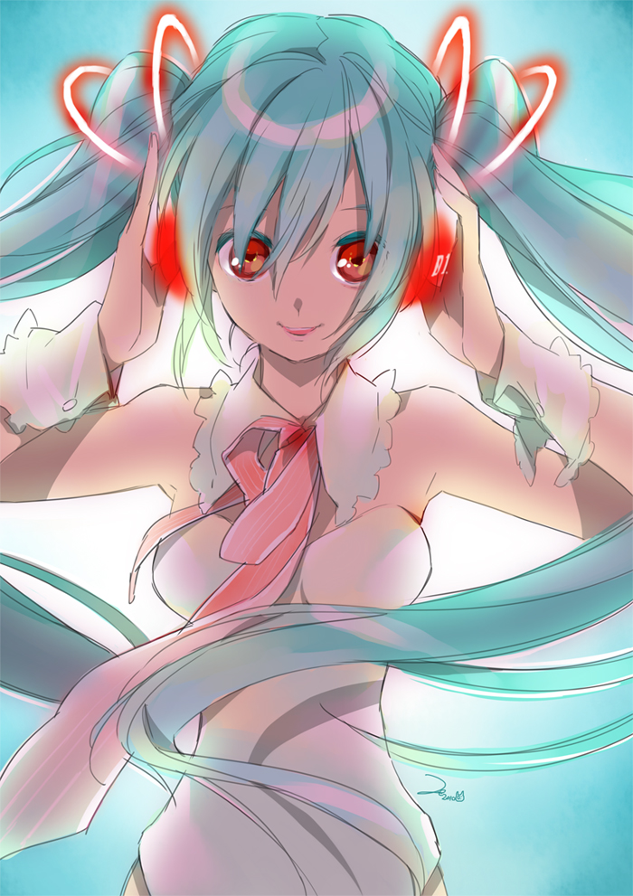 aqua_eyes, bad_id, hands_on_headphones, hatsune_miku, headphones, necktie, red_eyes, solo