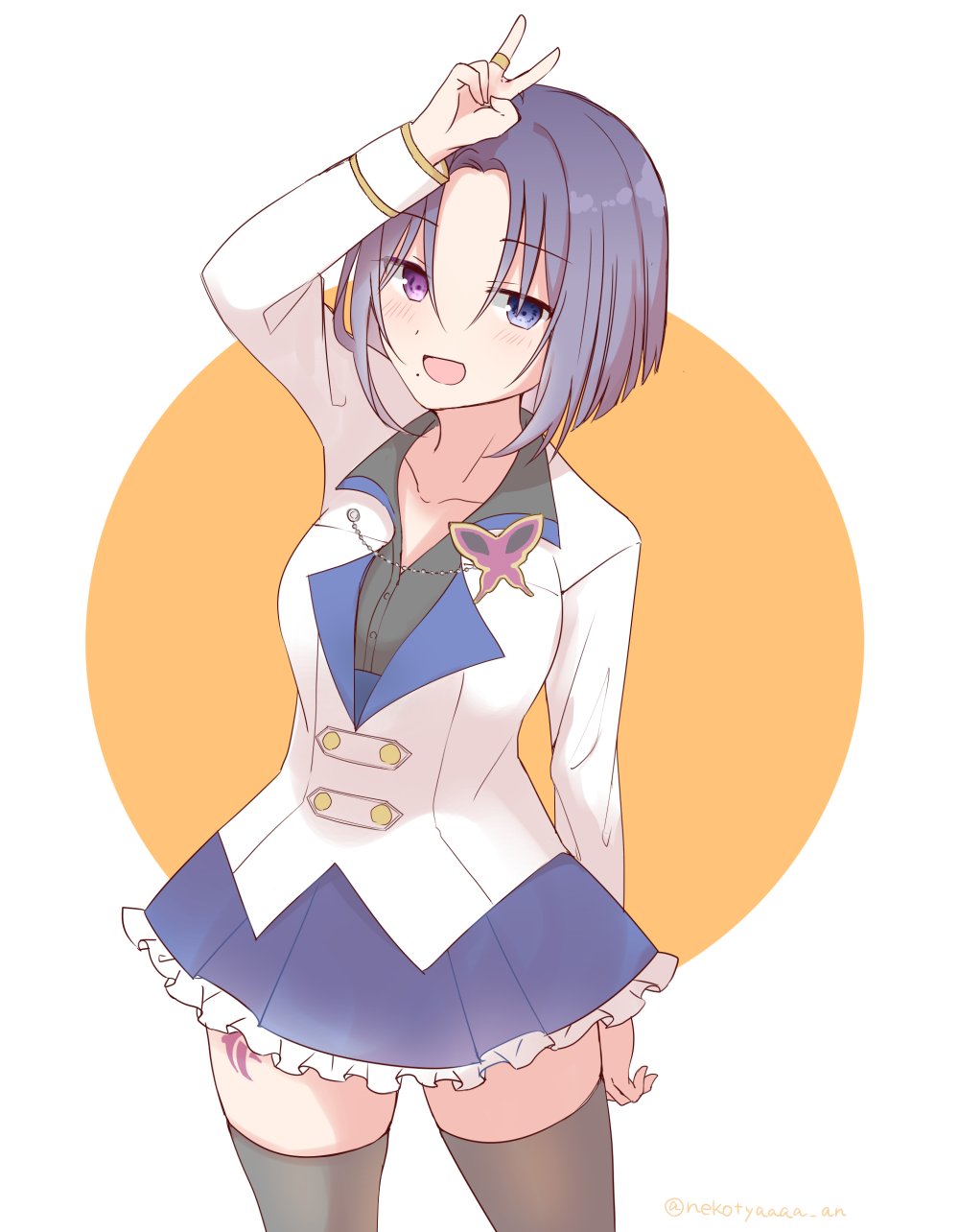 1girl, :d, arm_behind_back, arm_up, assault_lily, benini, black_shirt, black_thighhighs