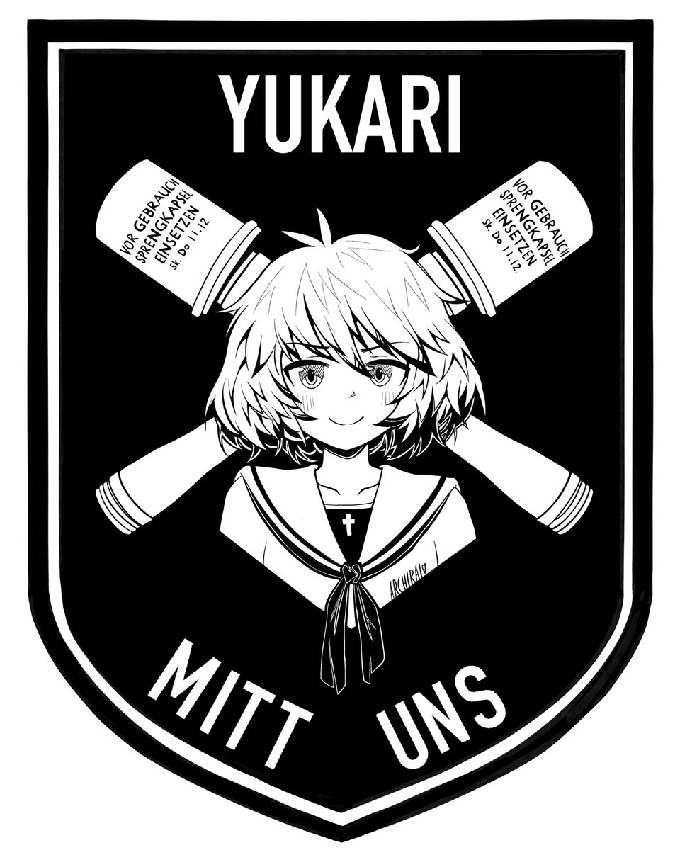 1girl, akiyama_yukari, archirai, explosive, german_text, girls_und_panzer, grenade, greyscale, highres, looking_at_viewer, monochrome, ooarai_school_uniform, school_uniform, stielhandgranate, translated