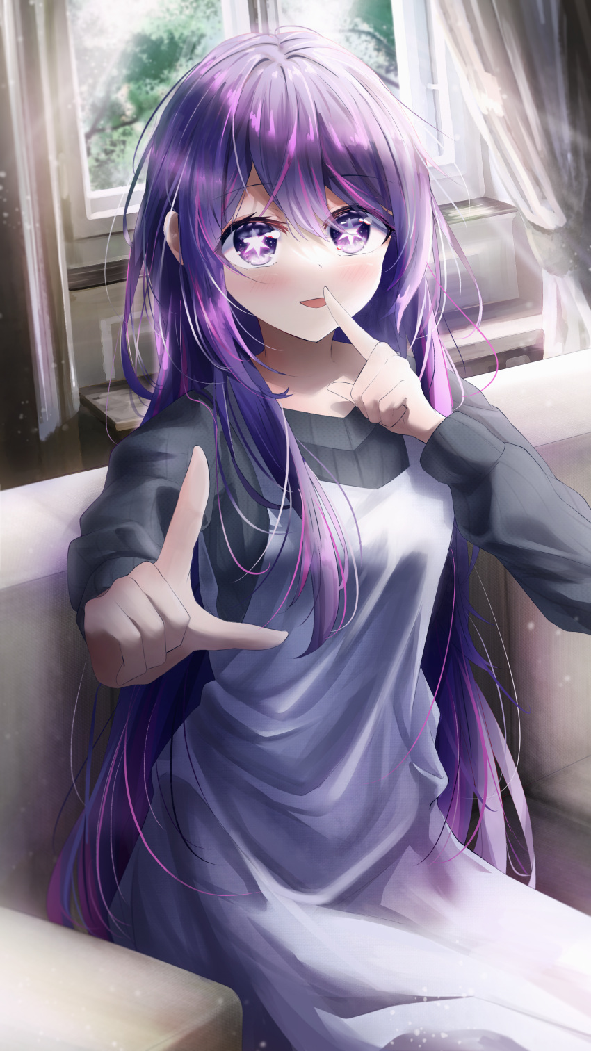 1girl, absurdres, blush, commentary_request, couch, curtains, dress, finger_to_mouth