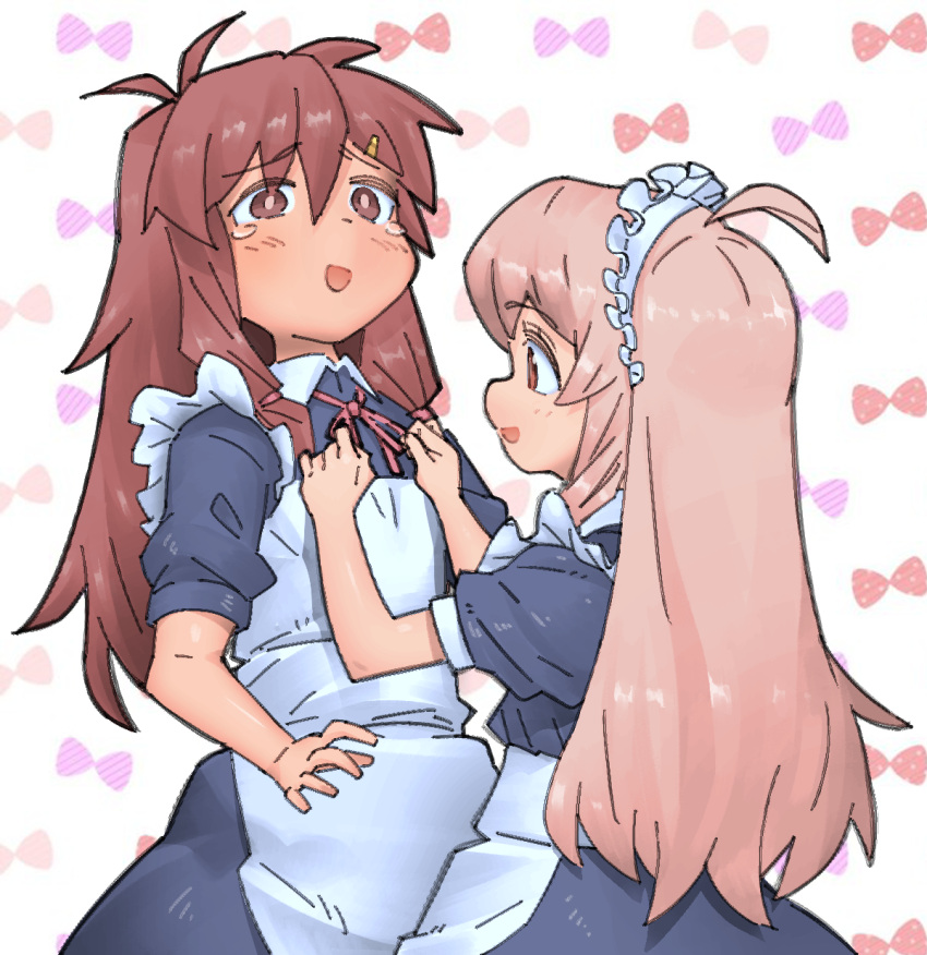 1boy, 1girl, :d, ahoge, brown_eyes, brown_hair, commentary_request, crossdressing, frills, hair_between_eyes, hair_ornament, hairclip, highres, long_hair, maid, maid_headdress, neck_ribbon, onii-chan_wa_oshimai!, open_mouth, oyama_mahiro, pink_hair, puffy_short_sleeves, puffy_sleeves, red_ribbon, ribbon, sakurada_yuuta, shiriananmin, short_sleeves, simple_background, smile, tears