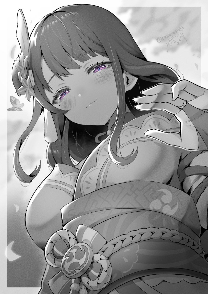 1girl, blunt_bangs, blurry, blurry_background, blush, border, bridal_gauntlets, bug