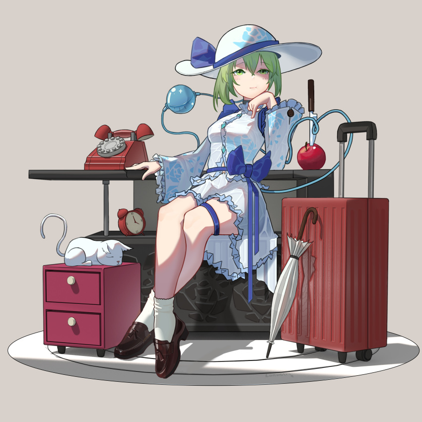 1girl, absurdres, alarm_clock, alternate_costume, animal, apple, bad_id, bad_pixiv_id, blue_ribbon, blush, brown_footwear, cat, clock, closed_mouth, food, frilled_skirt, frilled_sleeves, frills, fruit, green_eyes, green_hair, grey_background, hair_between_eyes, hat, hat_ribbon, highres, knife, komeiji_koishi, longwatry, phone, ribbon, shirt, shoes, short_hair, simple_background, skirt, socks, solo, suitcase, third_eye, touhou, umbrella, white_headwear, white_shirt, white_skirt, white_socks