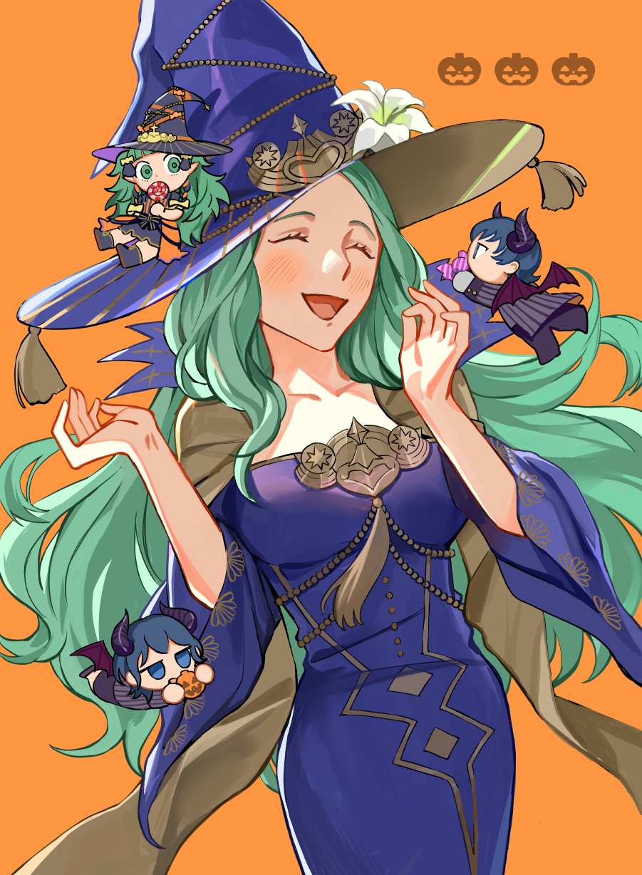 1boy, 3girls, byleth_(female)_(fire_emblem), byleth_(fire_emblem), byleth_(male)_(halloween)_(fire_emblem), candy, chibi, fire_emblem, fire_emblem:_three_houses, fire_emblem_heroes, flower, food, green_eyes, green_hair, halloween, halloween_costume, hat, highres, jack-o'-lantern, long_hair, multiple_girls, official_alternate_costume, orange_background, rhea_(fire_emblem), rhea_(halloween)_(fire_emblem), sawarame, smile, sothis_(halloween)_(fire_emblem), teeth, upper_teeth_only, white_flower, witch, witch_hat