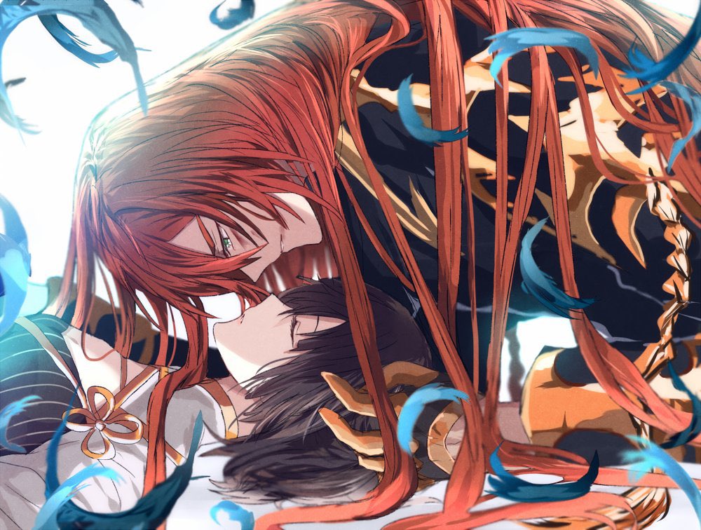 1boy, 1girl, all_fours, black_dress, black_gloves, black_hair, black_robe, blue_feathers