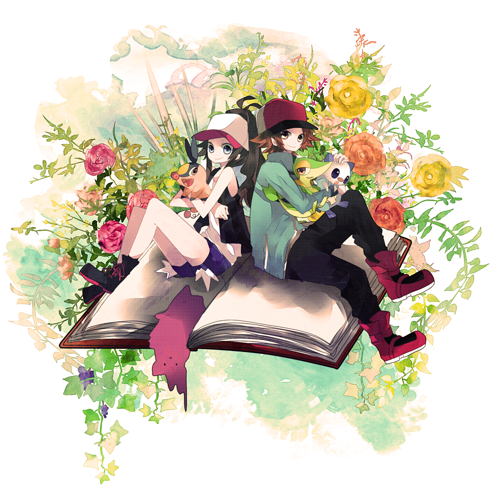 1boy, 1girl, bb5, book, ditto, flower, hat, oshawott, pokemon, pokemon_(creature), pokemon_(game), pokemon_black_and_white, pokemon_bw, snivy, tepig, touko_(pokemon), touya_(pokemon)