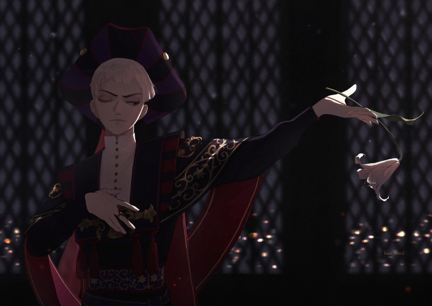 1boy, ;|, absurdres, black_eyes, black_robe, blunt_bangs, blurry, blurry_background, cape, closed_mouth, dark, dress_shirt, expressionless, facing_viewer, fleur-de-lis, flower, gold_trim, hand_on_own_chest, hat, highres, holding, holding_flower, jewelry, lily_(flower), long_sleeves, looking_at_flowers, male_focus, one_eye_closed, outstretched_arm, purple_headwear, purple_sash, red_cape, ring, robe, rollo_franme, roro_(haru_roro2), sash, shirt, short_bangs, short_hair, sideways_glance, solo, striped, striped_headwear, tricorne, twisted_wonderland, white_flower, white_hair, white_lily, white_shirt, window