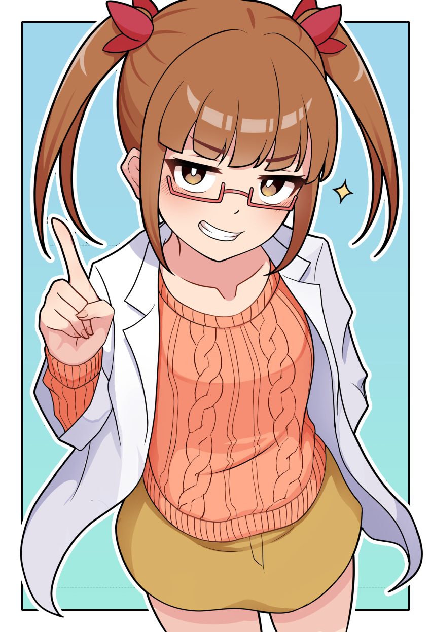 1girl, absurdres, blue_background, blush, brown_eyes, brown_hair, cable_knit, glasses, grin, hand_in_pocket, highres, idolmaster, idolmaster_cinderella_girls, ikebukuro_akiha, index_finger_raised, kumada_gaon, lab_coat, long_sleeves, looking_at_viewer, semi-rimless_eyewear, simple_background, skirt, smile, solo, standing, twintails, yellow_skirt