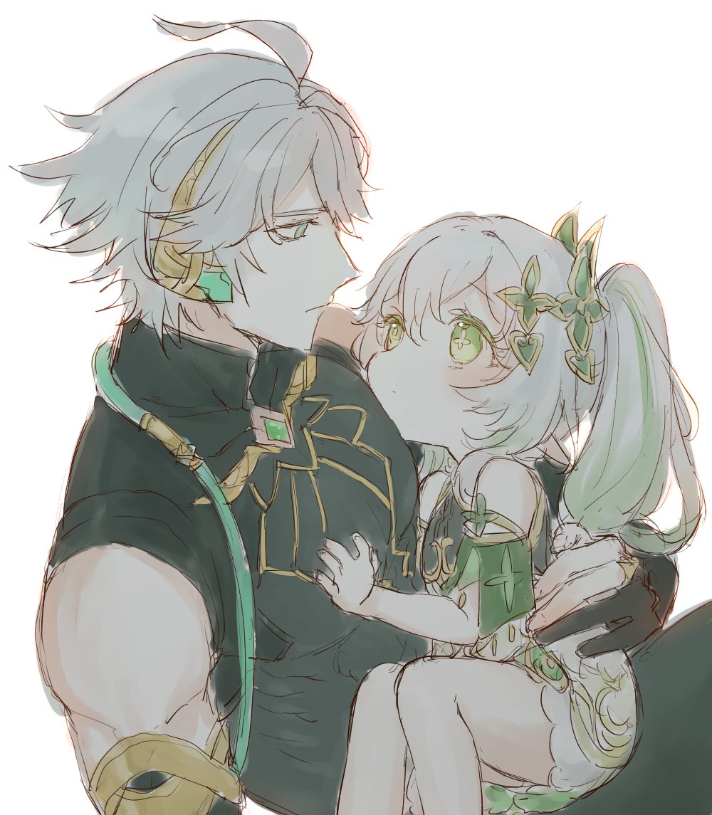 1boy, 1girl, ahoge, alhaitham_(genshin_impact), aqua_eyes, armlet, bare_shoulders, black_gloves