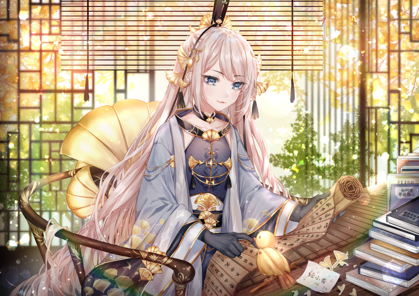 1boy, absurdres, androgynous, bamboo_screen, bamboo_scroll, black_gloves, black_robe, blonde_hair