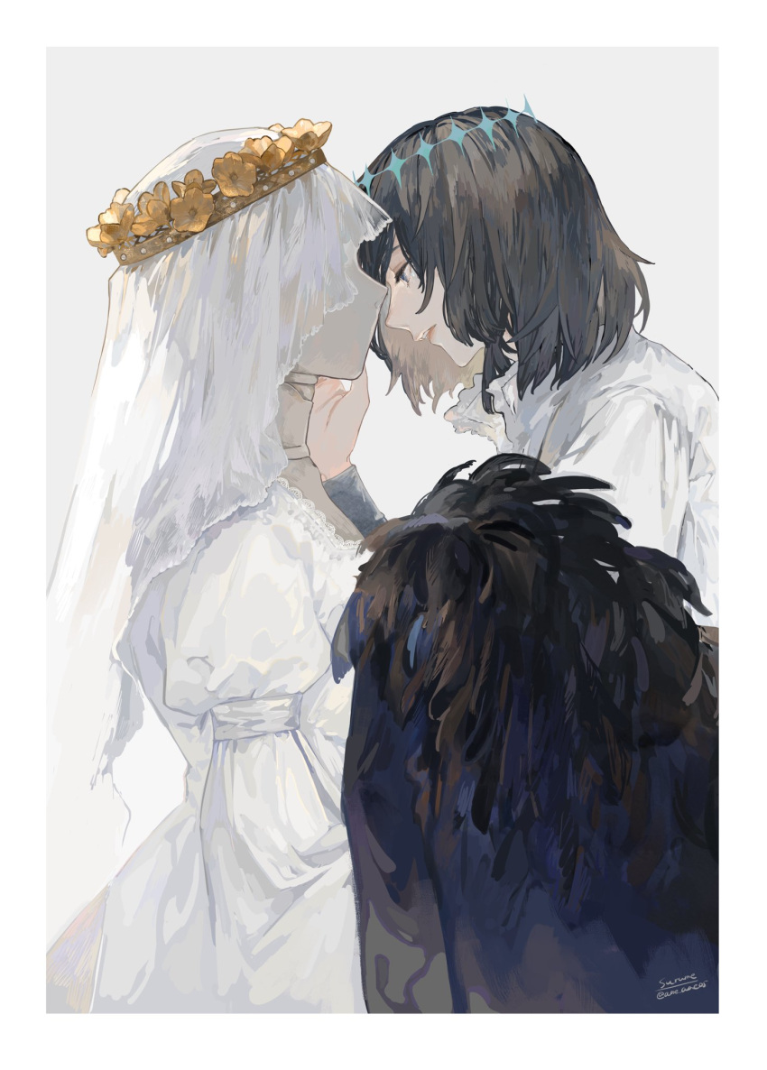 1boy, a_midsummer_night's_dream, black_hair, blue_eyes, bridal_veil, cape, collared_shirt, crown