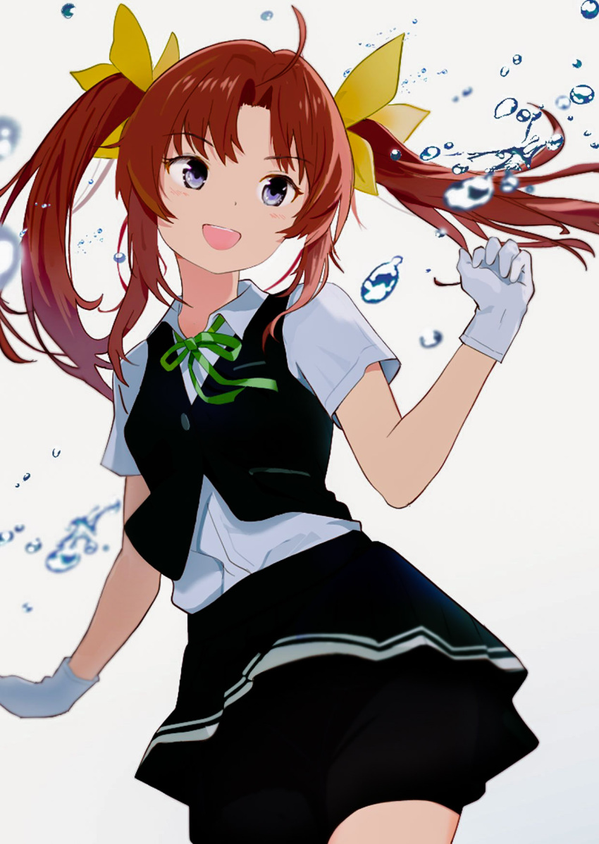 1girl, ahoge, bike_shorts_under_skirt, black_shorts, black_skirt, black_vest, brown_hair, collared_shirt