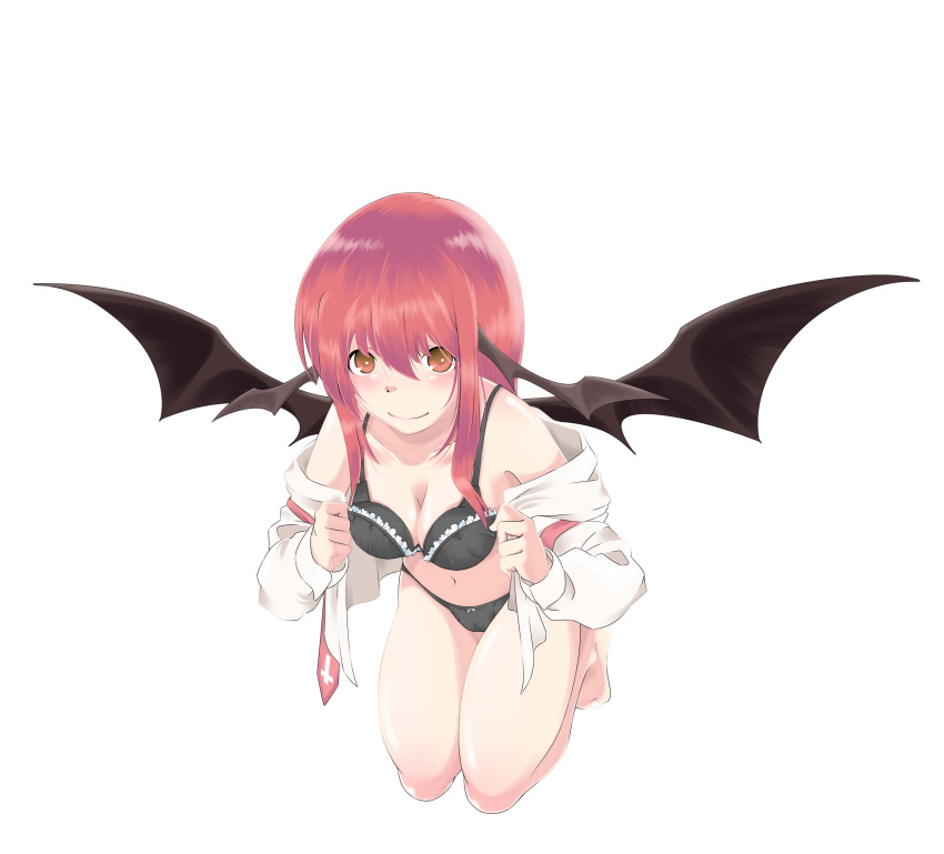 barefoot, bat_wings, blush, bra, hayagiri, head_wings, highres, koakuma