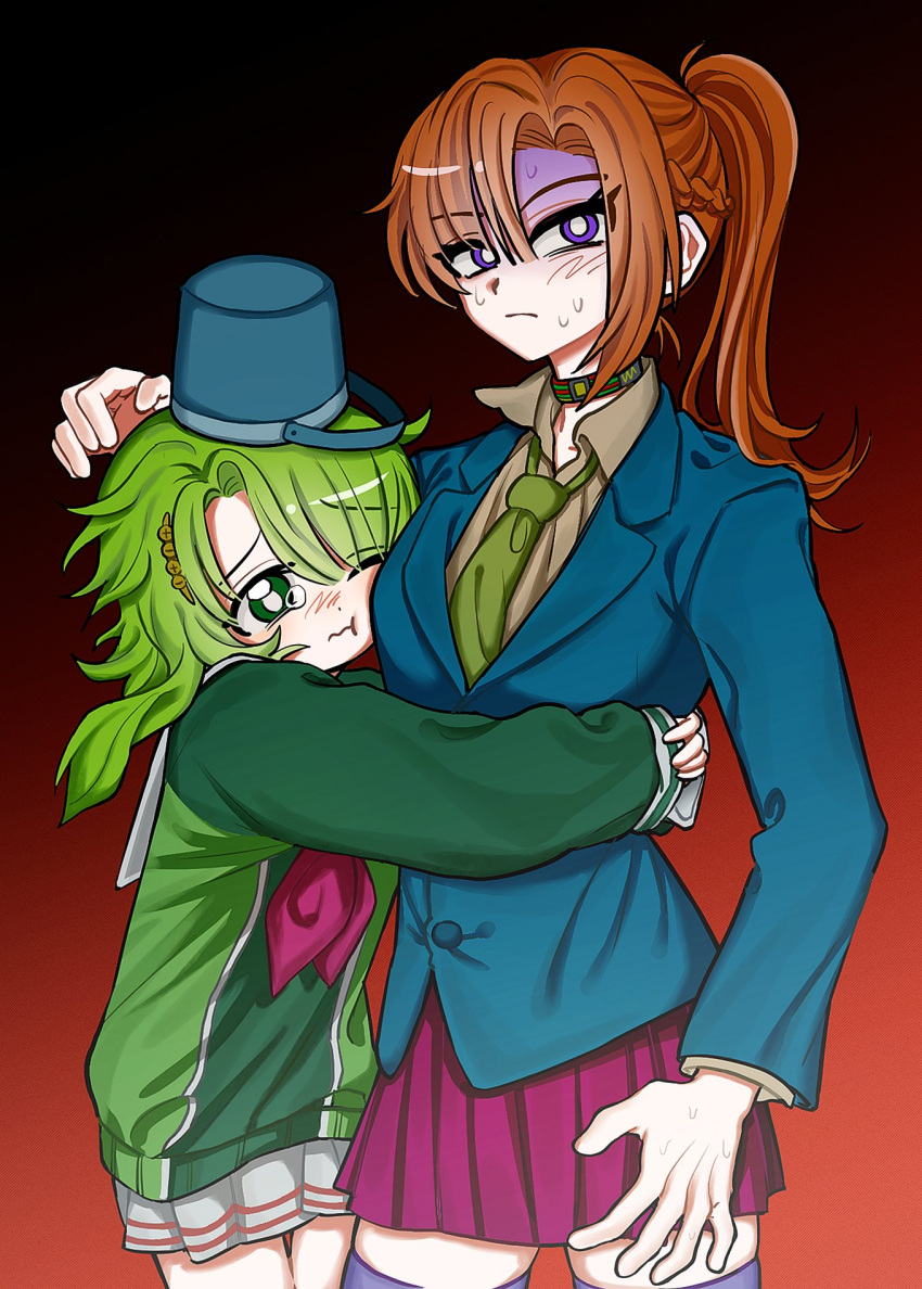 1_111_k, 2girls, :t, arm_at_side, blazer, blue_headwear, blue_jacket, blush