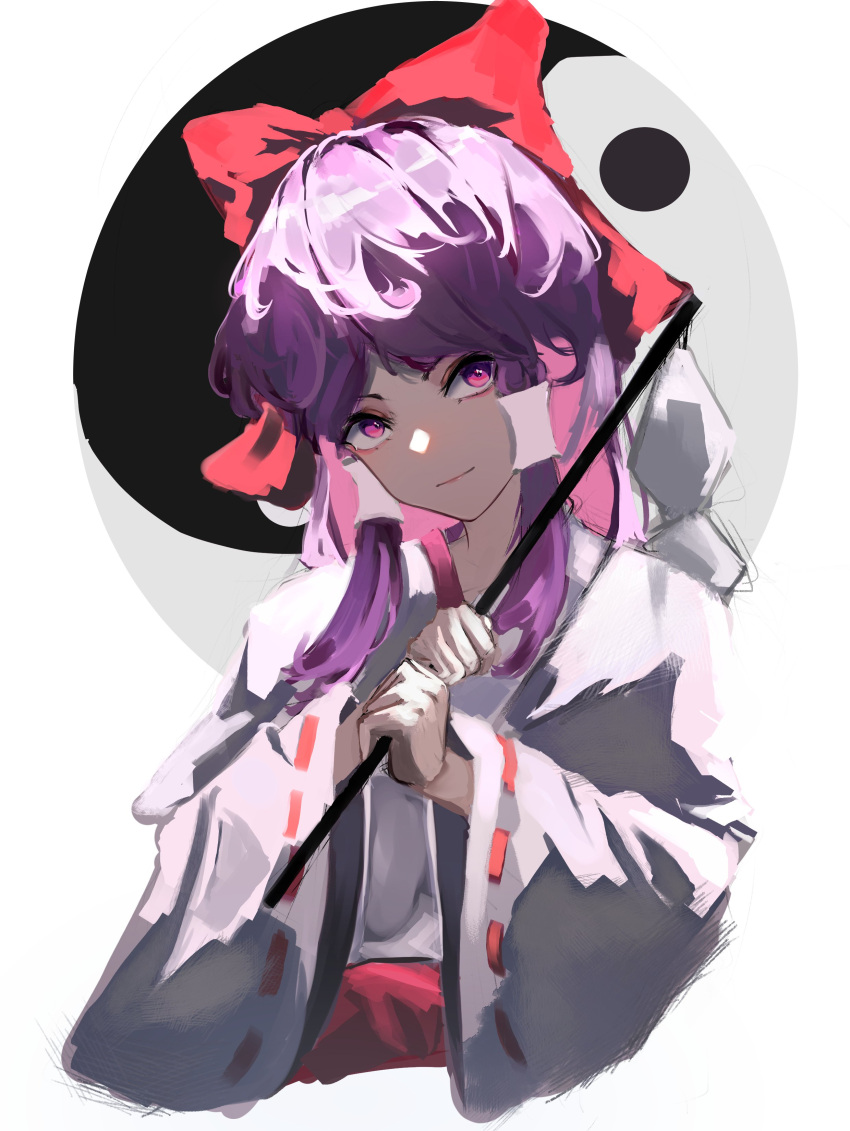 1girl, absurdres, bow, closed_mouth, commentary, english_commentary, gohei, hair_bow, hair_tubes, hakurei_reimu, hakurei_reimu_(pc-98), highres, holding, japanese_clothes, looking_at_viewer, medium_hair, miko, orb, pink_eyes, purple_hair, red_bow, ribbon-trimmed_sleeves, ribbon_trim, sidelocks, solo, touhou, touhou_(pc-98), upper_body, yin_yang, yin_yang_orb, yuhel