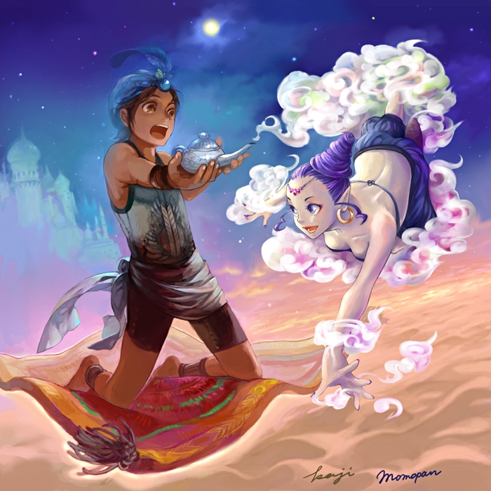 aqua_hair, arabian, carpet, desert, djinn, earrings, feathers, genie