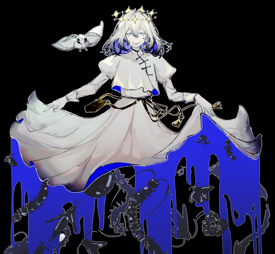 1boy, black_background, blanca_(fate), blue_eyes, bug, centipede, clothes_lift, cricket, crown, diamond_hairband, dress, dress_lift, fate/grand_order, fate_(series), grey_hair, long_sleeves, looking_at_viewer, male_focus, medium_hair, moth, no_wings, oberon_(fate), provercrinolin, simple_background, smile, white_dress