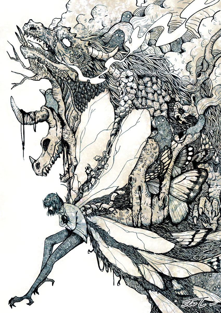 1boy, arthropod_boy, arthropod_limbs, black_hair, bug, centipede, collared_shirt, crossed_legs