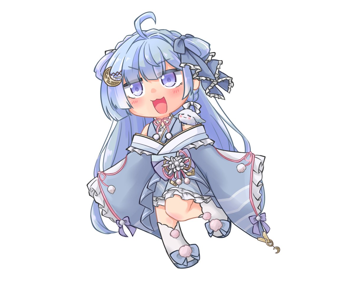1girl, :3, ahoge, amaui, animal_on_shoulder, blue_bow, blue_footwear, blue_hair, blue_kimono, blunt_bangs, blush, bow, braid, commentary, crescent, crescent_hair_ornament, crown_braid, flat_chest, flower, frilled_kimono, frilled_sleeves, frills, full_body, hair_bow, hair_intakes, hair_ornament, japanese_clothes, kica28v, kimono, long_hair, long_sleeves, looking_afar, medium_bangs, nanashi_inc., neck_ribbon, obi, off_shoulder, open_mouth, pink_ribbon, purple_bow, purple_sash, rabbit, ribbon, sash, shoes, side_braid, simple_background, smile, socks, solo, v-shaped_eyebrows, violet_eyes, virtual_youtuber, white_background, white_bow, white_flower, white_socks, wide_sleeves