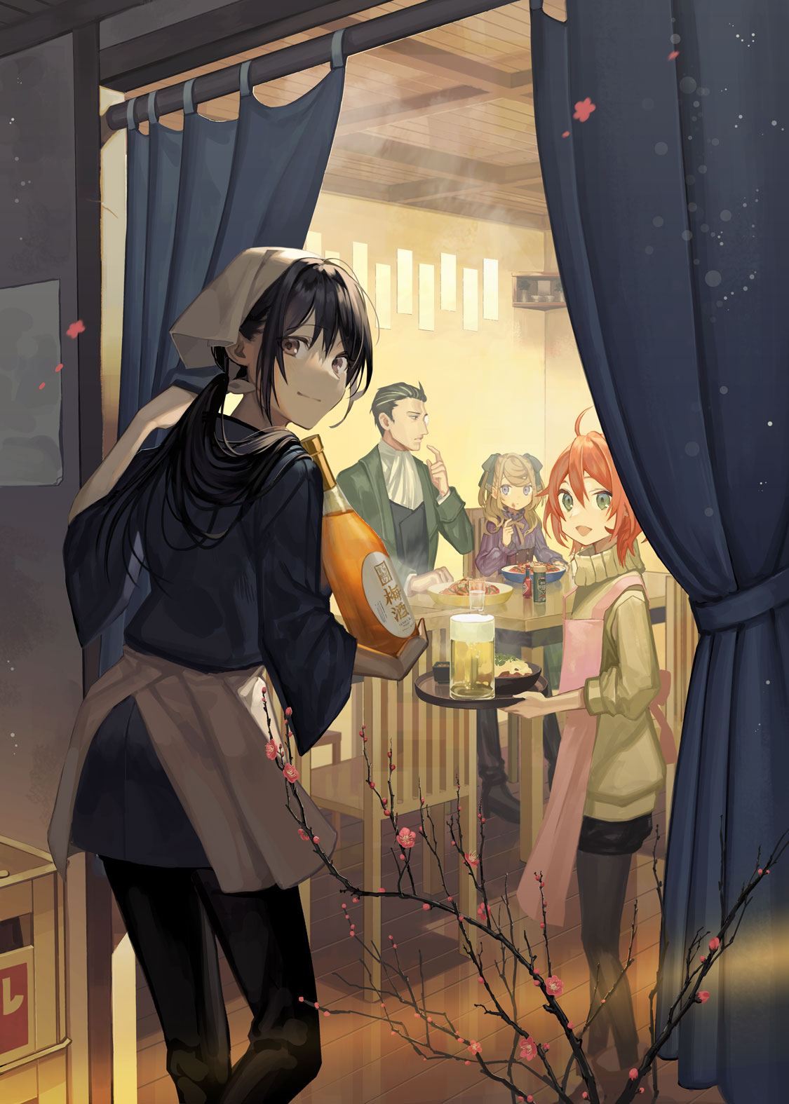 1boy, 3girls, alcohol, apron, ascot, beer_mug, black_hair, black_pantyhose
