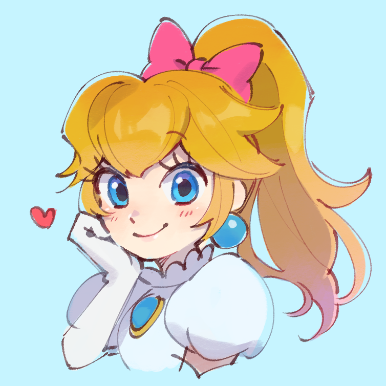 1girl, blonde_hair, blue_background, blue_eyes, blush, bow, earrings, gloves