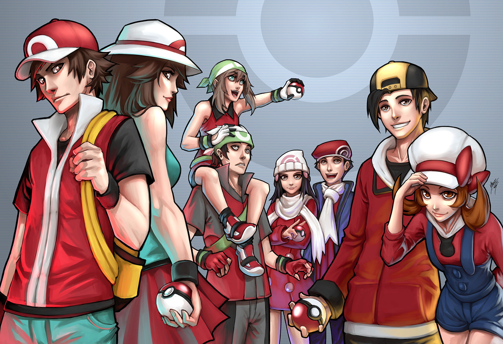 alternate_headwear, back-to-back, bag, bandana, baseball_cap, beret, blue_(pokemon), carrying
