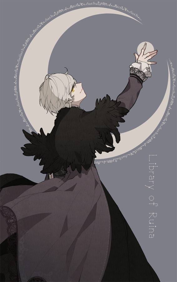 1girl, angela_(project_moon), arm_up, black_capelet, black_dress, blue_background, blue_coat, blue_hair