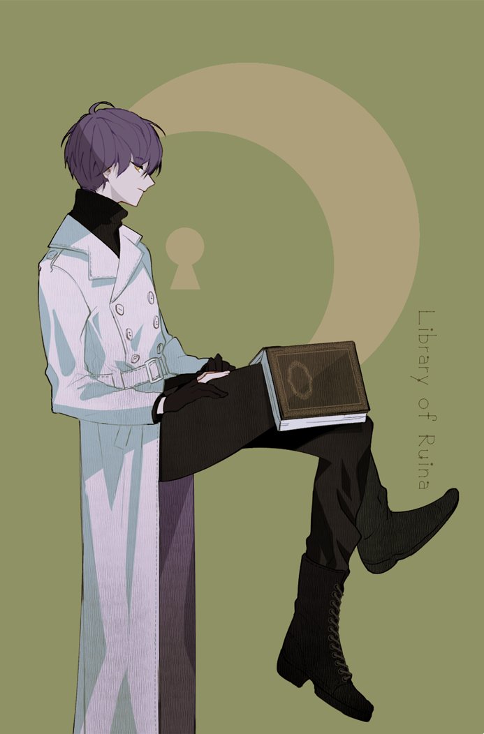1boy, belt, black_footwear, black_gloves, black_pants, black_sweater, book, boots, buttons, chyari, closed_mouth, coat, company_logo, copyright_name, crescent, double-breasted, gloves, green_background, library_of_ruina, lobotomy_corporation, looking_at_viewer, male_focus, pants, partially_fingerless_gloves, project_moon, purple_hair, simple_background, sitting, solo, sweater, turtleneck, turtleneck_sweater, white_belt, white_coat, wing_collar, yesod_(project_moon)