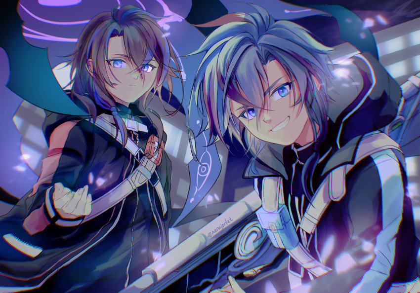 1boy, 1girl, breasts, eiyuu_densetsu, evil_grin, evil_smile, grin, gun, highres, holding, holding_gun, holding_weapon, hood, hood_down, hoodie, ik-su_(akatsuki_no_yona), jacket, jolda_(kuro_no_kiseki), kuro_no_kiseki, kuro_no_kiseki_ii, light_frown, long_hair, long_sleeves, looking_at_viewer, multicolored_hair, nerujorlet, purple_hair, short_hair, small_breasts, smile, violet_eyes, weapon