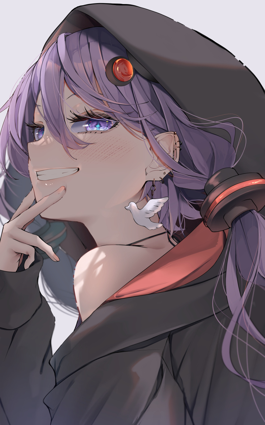1girl, absurdres, bird_earrings, blue_eyes, blush, earrings, grey_background, hair_between_eyes