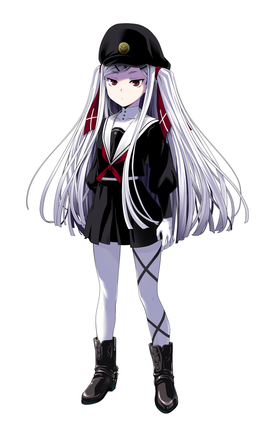 1girl, :<, black_footwear, black_shirt, black_skirt, boots, full_body, geminism
