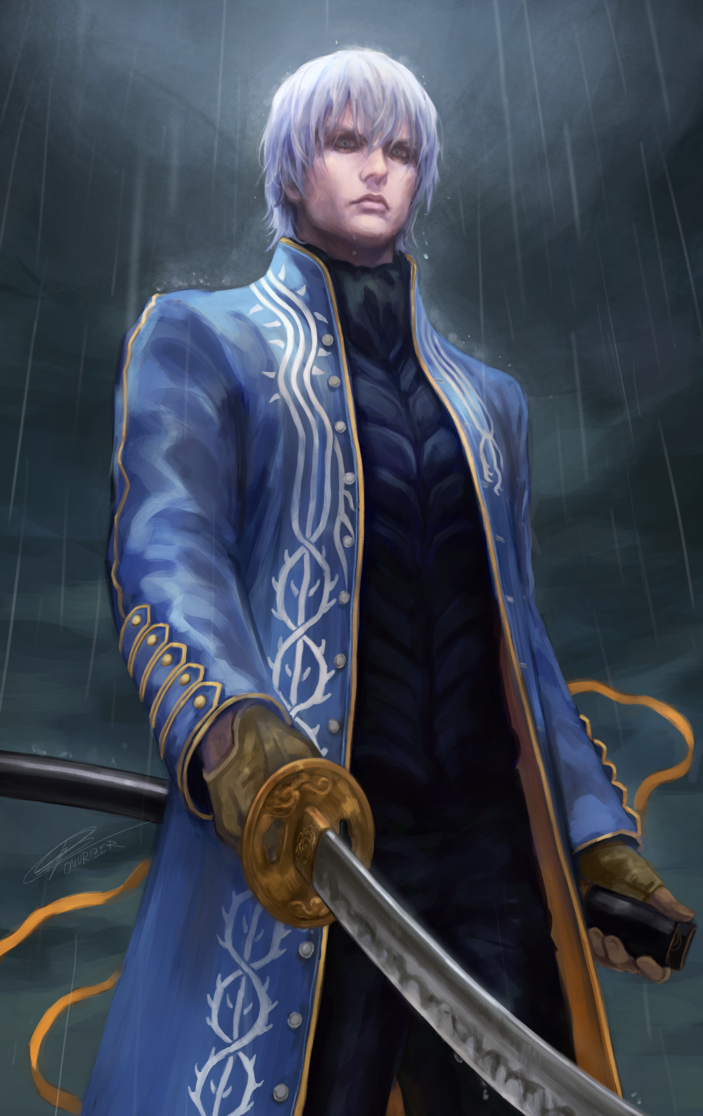 1boy, black_pants, blue_coat, coat, devil_may_cry_(series), devil_may_cry_3, fingerless_gloves, gloves