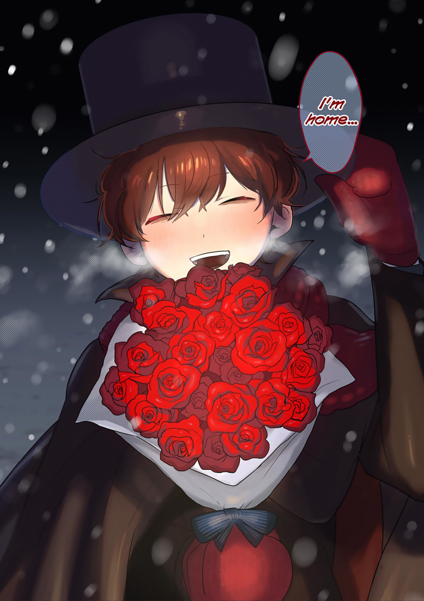 1boy, bags_under_eyes, black_cloak, blurry, blurry_background, bocchan_(shinigami_bocchan_to_kuro_maid), bouquet, brown_hair