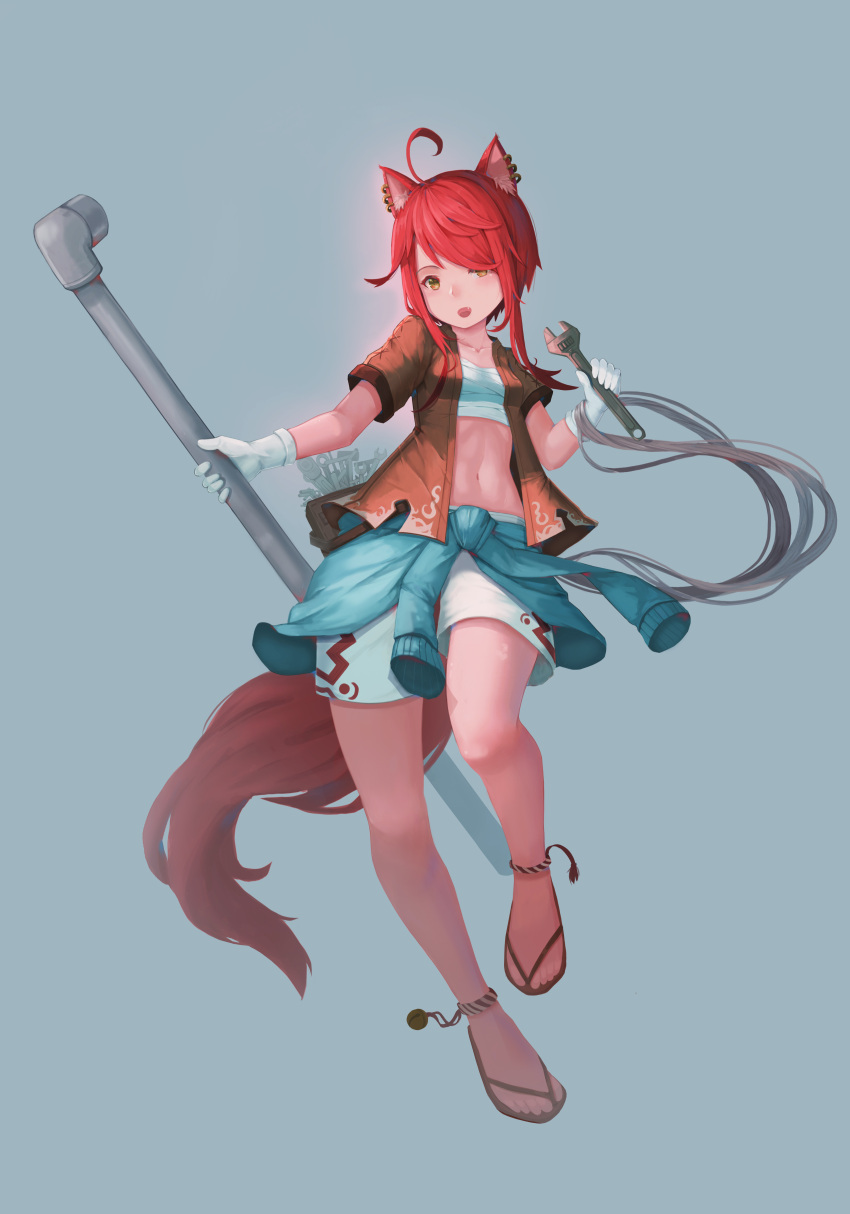 1girl, absurdres, adjustable_wrench, ahoge, animal_ear_fluff, animal_ears, ankle_bell, anklet