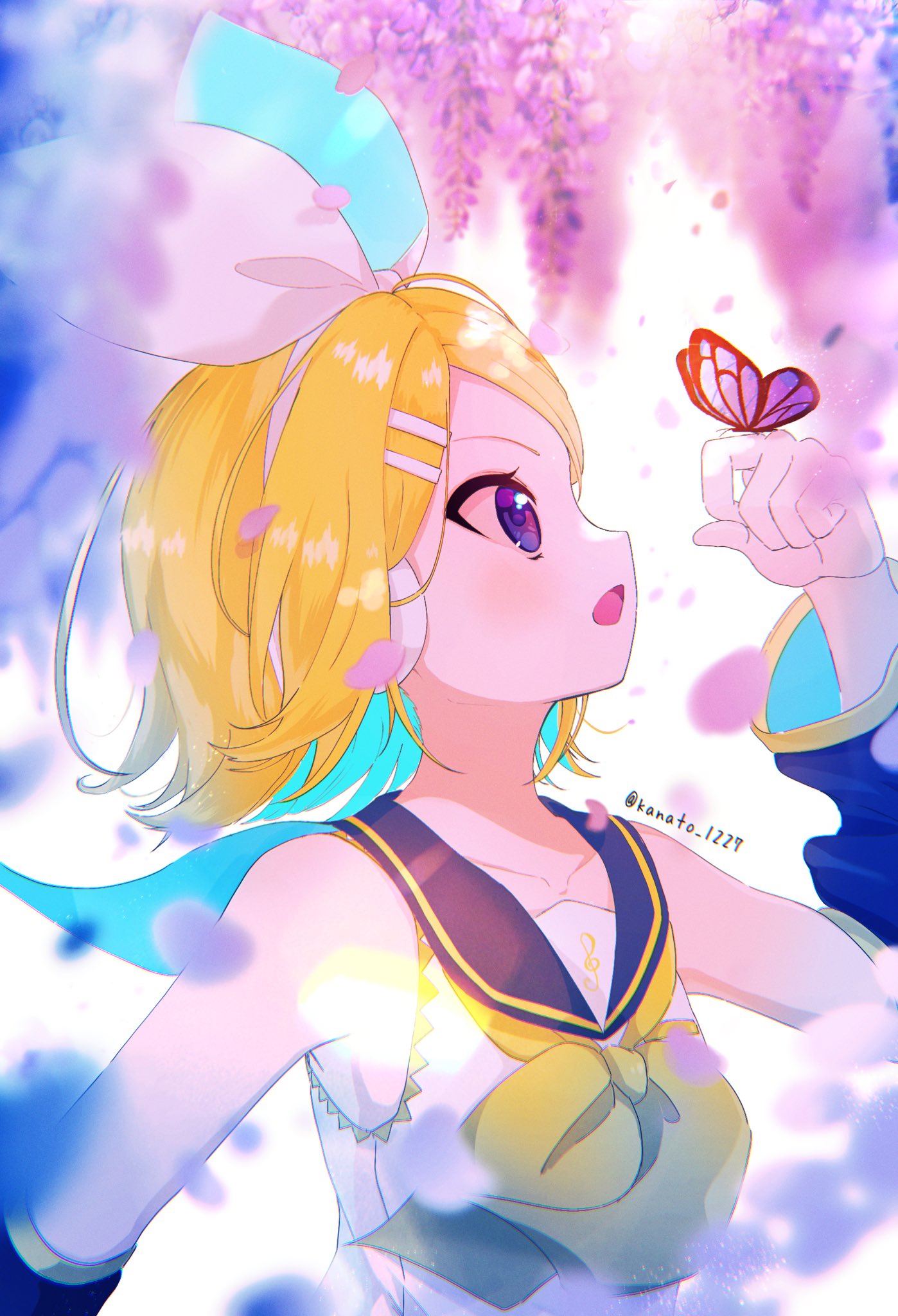 1girl, backlighting, bare_shoulders, blonde_hair, bloom, bow, breasts, bug