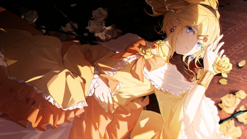1girl, akiya_0627, aku_no_musume_(vocaloid), blonde_hair, blue_eyes, bow, bracelet, brooch