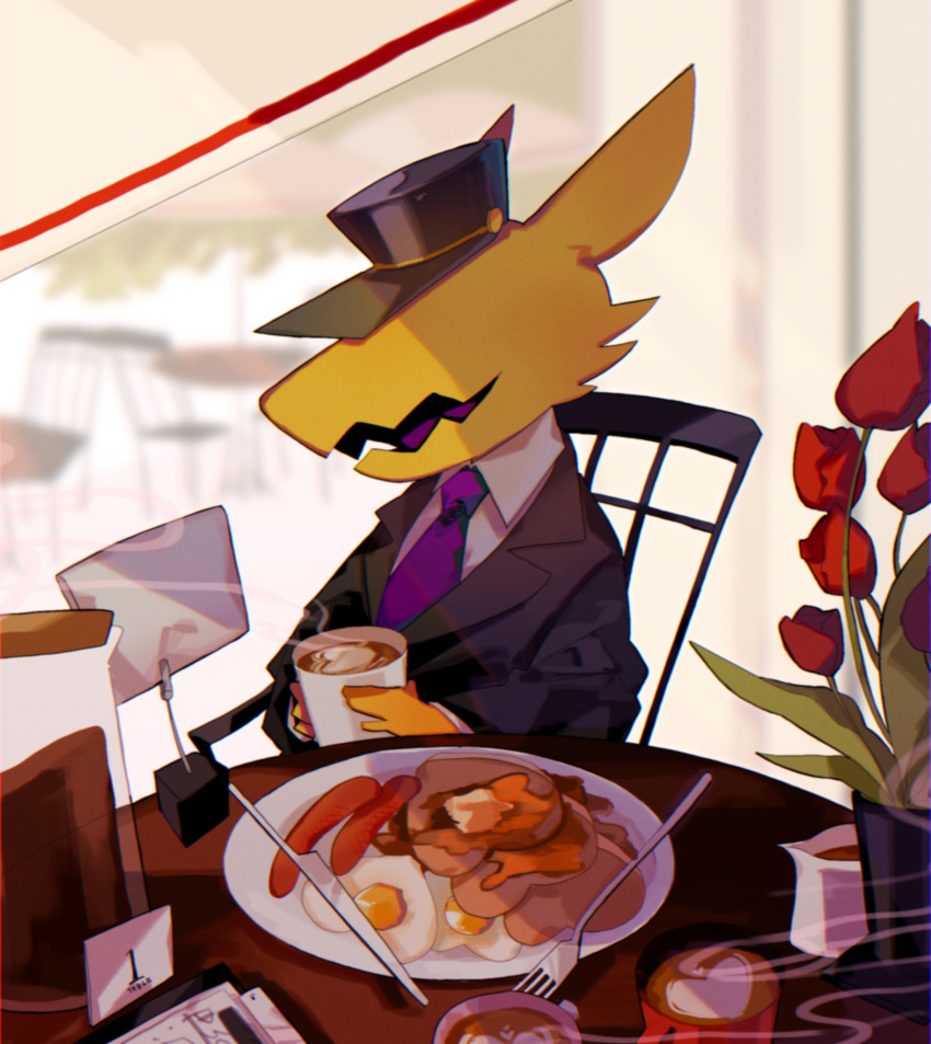 a_hat_in_time, black_suit, breakfast, coffee, conductor_(a_hat_in_time), fang, flower, food