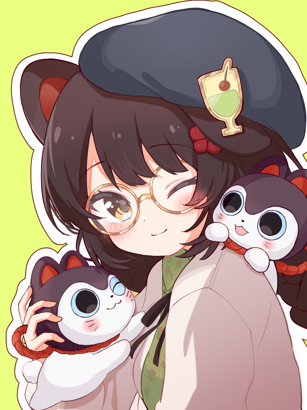 1girl, animal_ears, blush, braid, brown_hair, closed_mouth, collared_dress, dog_ears, dog_girl, dot_nose, dress, flower, glasses, green_background, green_dress, hair_flower, hair_ornament, hat, highres, inui_toko, inui_toko_(3rd_costume), long_hair, looking_at_viewer, matcha_cacao, nijisanji, one_eye_closed, print_dress, ribbon, simple_background, smile, solo, virtual_youtuber, yellow_eyes