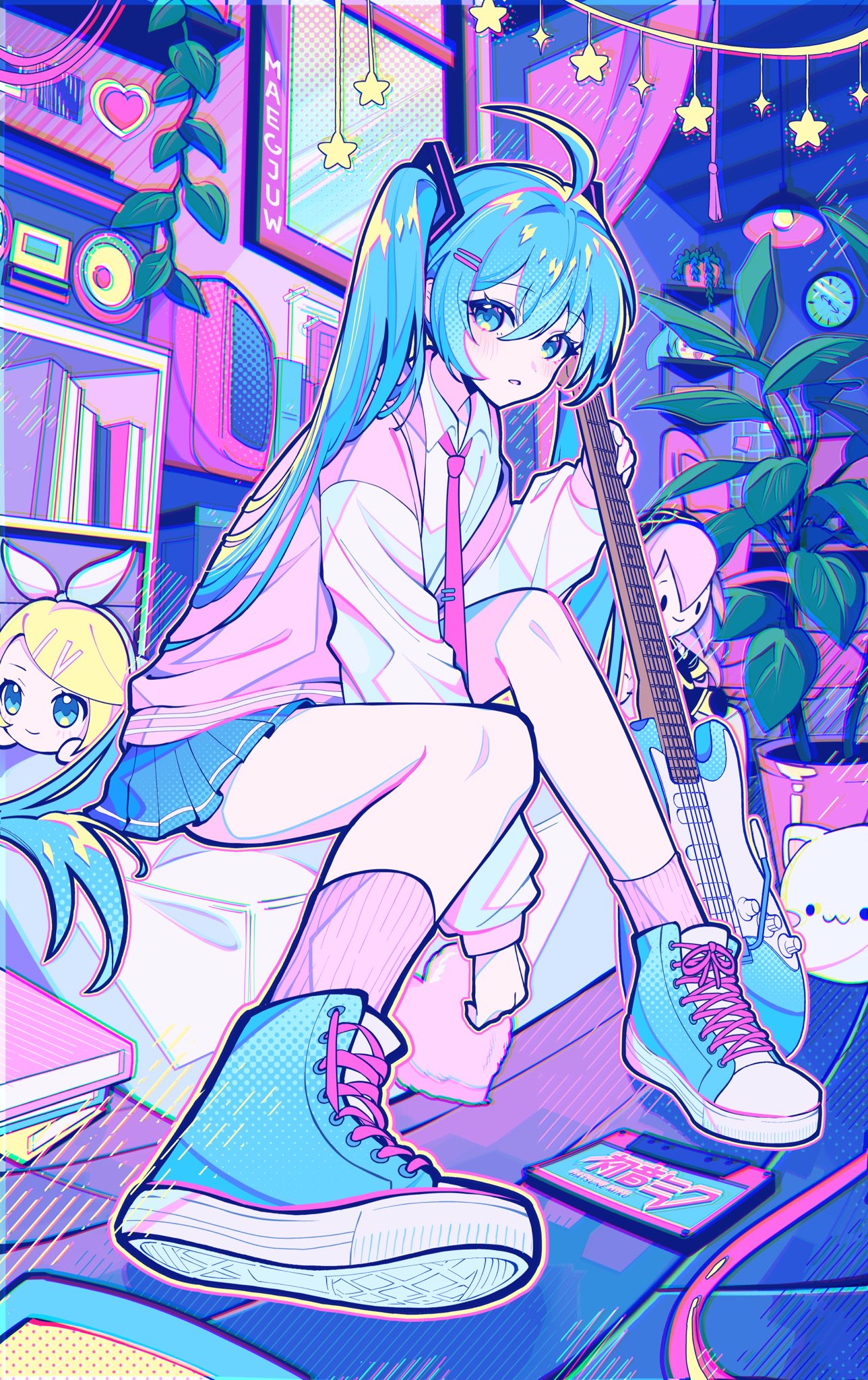 1girl, ahoge, artist_name, blonde_hair, blue_eyes, blue_hair, blush, book